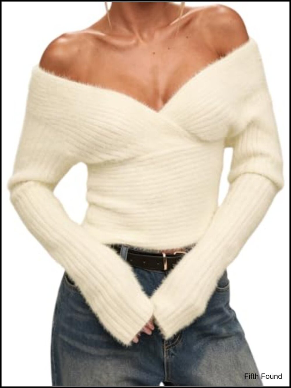 Off Shoulder V Neck Wrap Cropped Pullover Sweater Fuzzy Knit